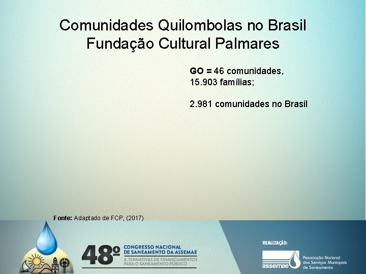 Comunidades Quilombolas no Brasil Fundação Cultural Palmares GO = 46 comunidades, 15. 903 famílias;