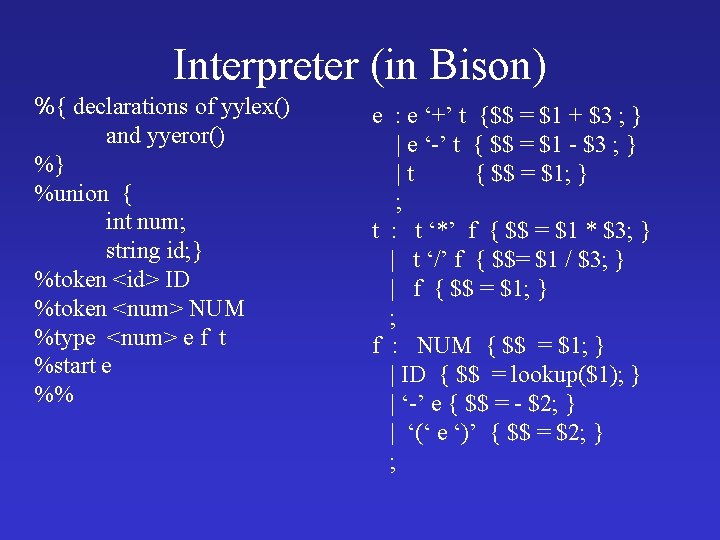 Interpreter (in Bison) %{ declarations of yylex() and yyeror() %} %union { int num;