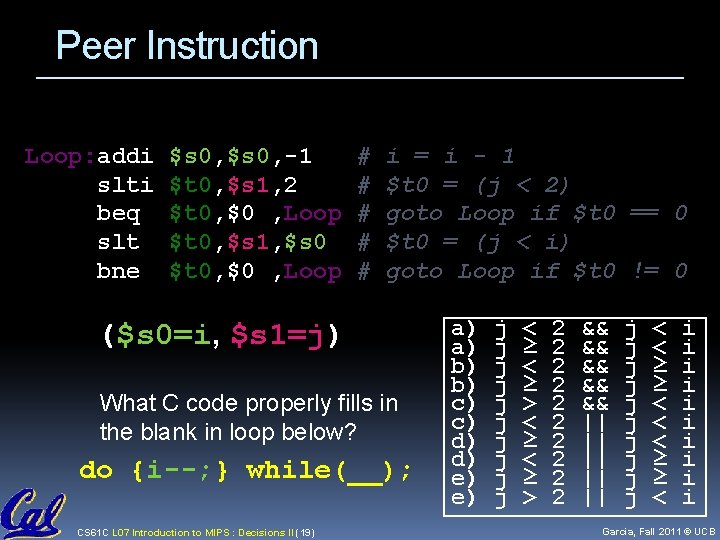 Peer Instruction Loop: addi slti beq slt bne $s 0, -1 $t 0, $s Peer Instruction Loop: addi slti beq slt bne $s 0, -1 $t 0, $s