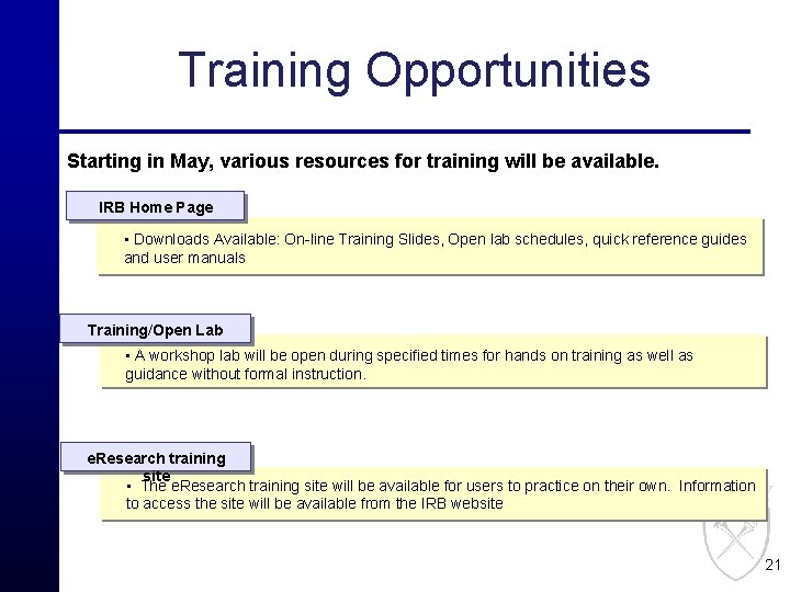 Training Opportunities Starting in May, various resources for training will be available. IRB Home