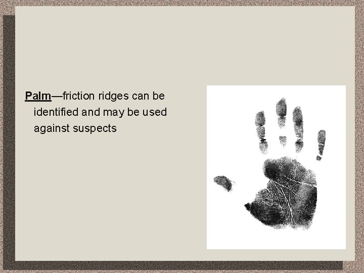 Palm—friction ridges can be identified and may be used against suspects 