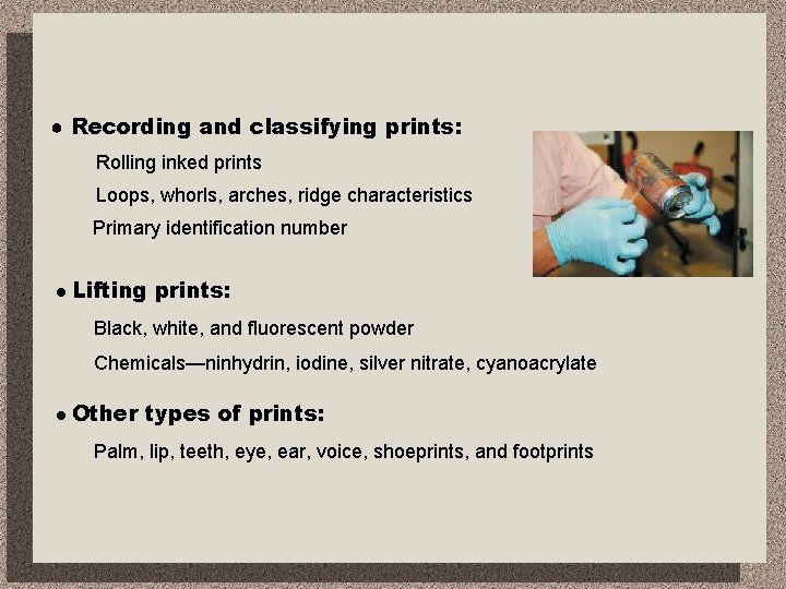 ● Recording and classifying prints: Rolling inked prints Loops, whorls, arches, ridge characteristics Primary