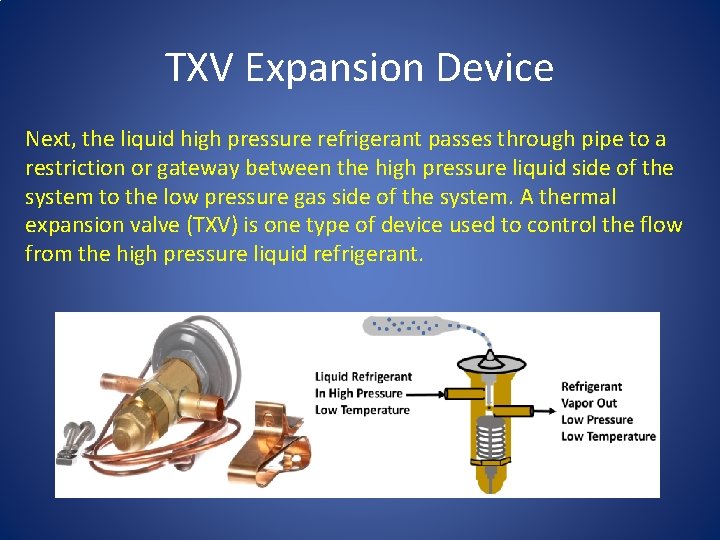 TXV Expansion Device Next, the liquid high pressure refrigerant passes through pipe to a