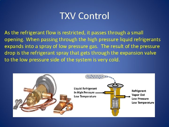 TXV Control As the refrigerant flow is restricted, it passes through a small opening.