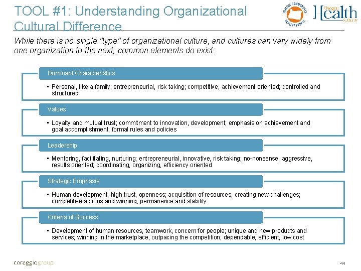 TOOL #1: Understanding Organizational Cultural Difference While there is no single "type" of organizational