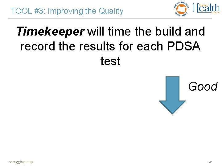 TOOL #3: Improving the Quality Timekeeper will time the build and record the results