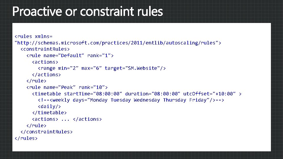 <rules xmlns= "http: //schemas. microsoft. com/practices/2011/entlib/autoscaling/rules"> <constraint. Rules> <rule name="Default" rank="1"> <actions> <range min="2"