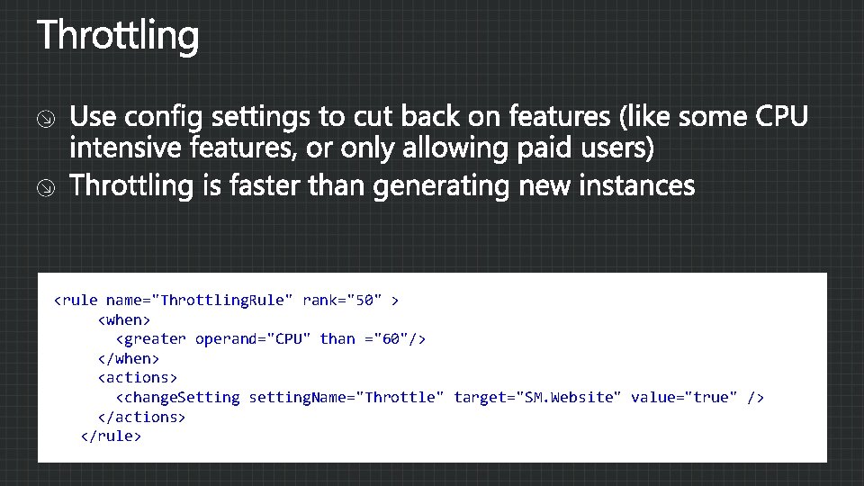 <rule name="Throttling. Rule" rank="50" > <when> <greater operand="CPU" than ="60"/> </when> <actions> <change. Setting