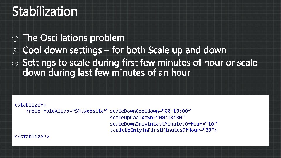 <stablizer> <role. Alias=“SM. Website” scale. Down. Cooldown=“ 00: 10: 00” scale. Up. Cooldown=“ 00: