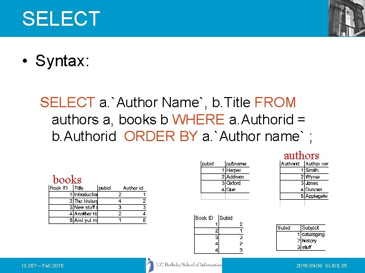 SELECT • Syntax: SELECT a. `Author Name`, b. Title FROM authors a, books b