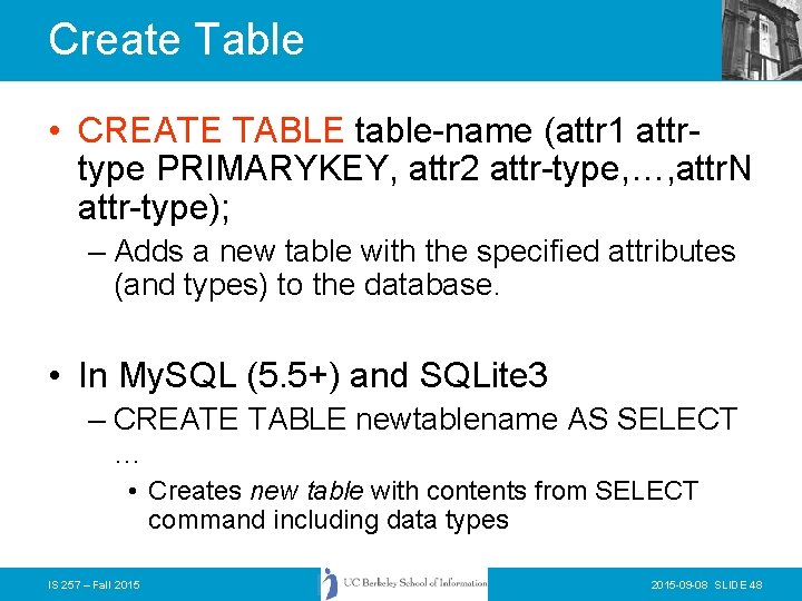 Create Table • CREATE TABLE table-name (attr 1 attrtype PRIMARYKEY, attr 2 attr-type, …,