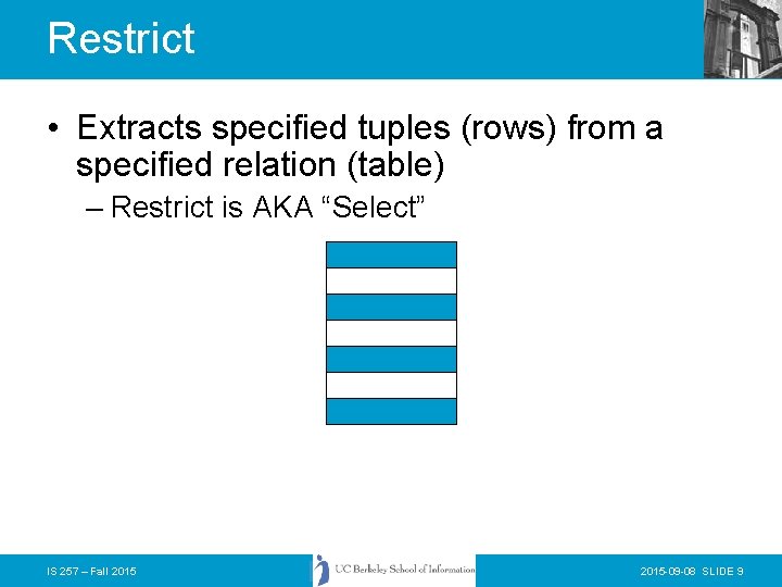 Restrict • Extracts specified tuples (rows) from a specified relation (table) – Restrict is