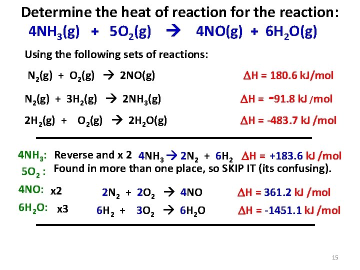 Determine the heat of reaction for the reaction: 4 NH 3(g) + 5 O