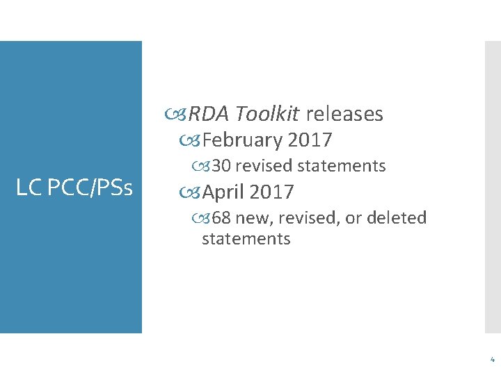  RDA Toolkit releases February 2017 LC PCC/PSs 30 revised statements April 2017 68