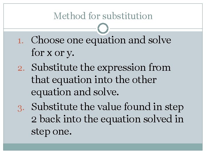 Method for substitution 1. Choose one equation and solve for x or y. 2.