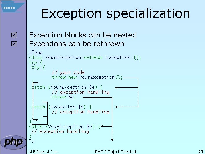 Exception specialization þ þ Exception blocks can be nested Exceptions can be rethrown <?