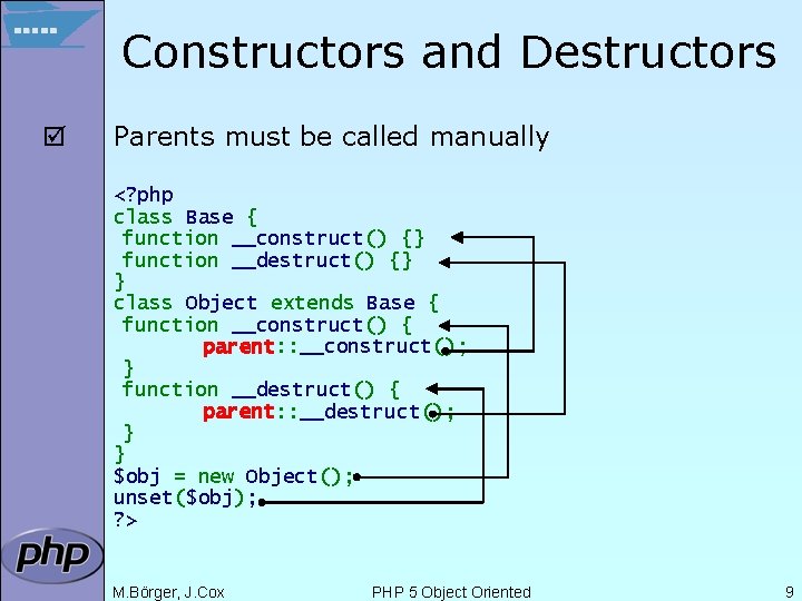 Constructors and Destructors þ Parents must be called manually <? php class Base {
