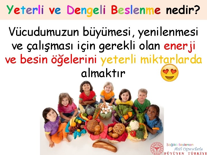 Yeterli ve Dengeli Beslenme nedir? Vücudumuzun büyümesi, yenilenmesi ve çalışması için gerekli olan enerji