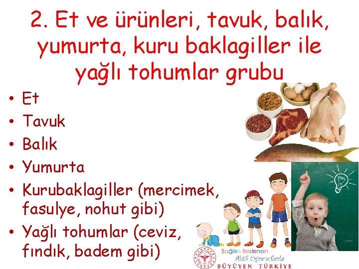 2. Et ve ürünleri, tavuk, balık, yumurta, kuru baklagiller ile yağlı tohumlar grubu Et