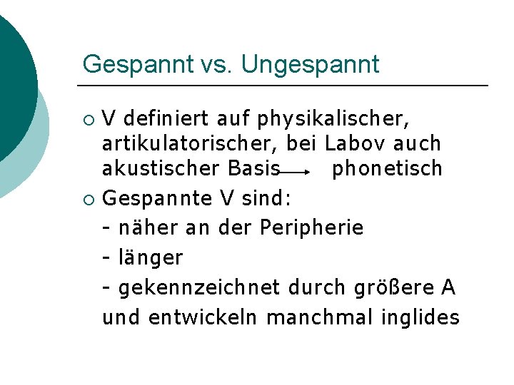 Gespannt vs. Ungespannt V definiert auf physikalischer, artikulatorischer, bei Labov auch akustischer Basis phonetisch