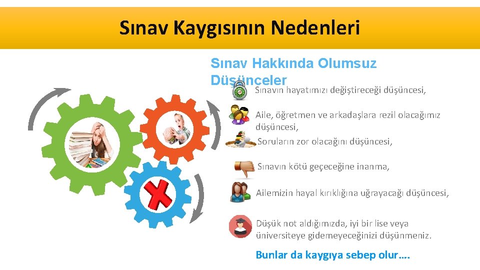 Sınav Kaygısının Nedenleri Sınav Hakkında Olumsuz Düşünceler Sınavın hayatımızı değiştireceği düşüncesi, Aile, öğretmen ve