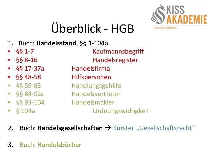 Überblick - HGB 1. • • Buch: Handelsstand, §§ 1 -104 a §§ 1