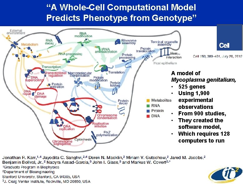 “A Whole-Cell Computational Model Predicts Phenotype from Genotype” A model of Mycoplasma genitalium, •