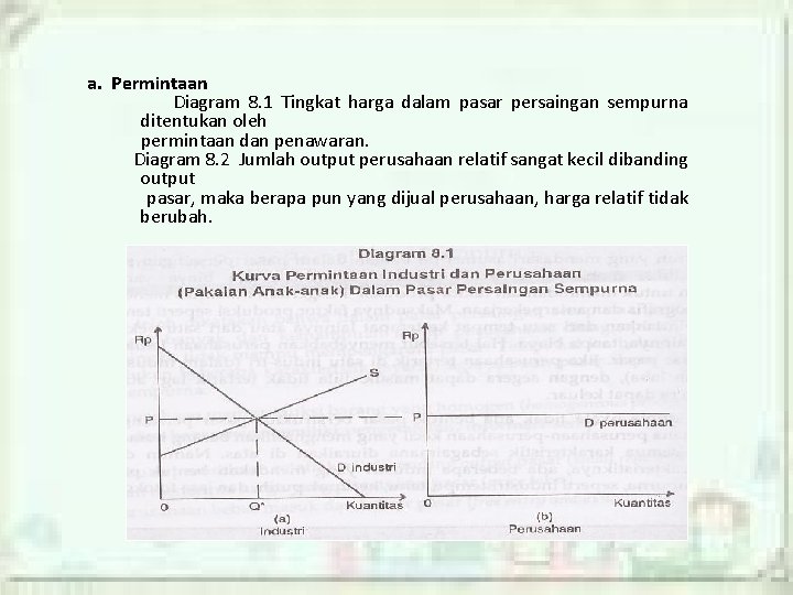 a. Permintaan Diagram 8. 1 Tingkat harga dalam pasar persaingan sempurna ditentukan oleh permintaan