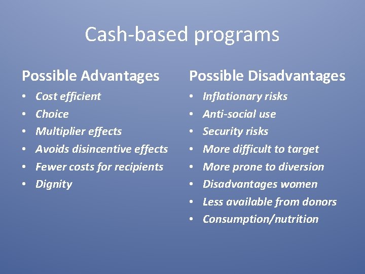 Cash-based programs Possible Advantages • • • Cost efficient Choice Multiplier effects Avoids disincentive