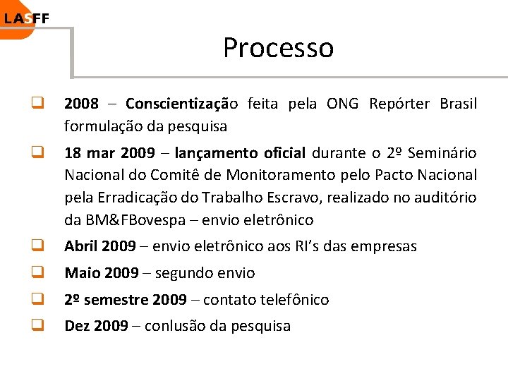 Processo q 2008 – Conscientização feita pela ONG Repórter Brasil formulação da pesquisa q