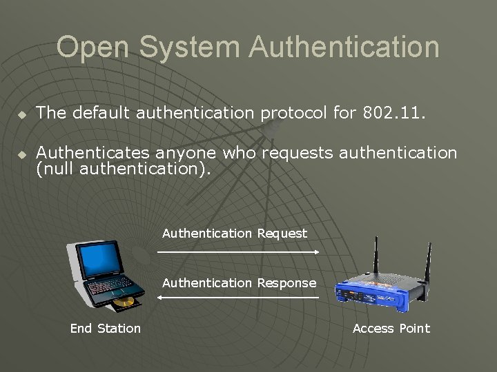 Open System Authentication u The default authentication protocol for 802. 11. u Authenticates anyone