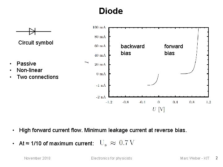 Diode Circuit symbol backward bias forward bias • Passive • Non-linear • Two connections