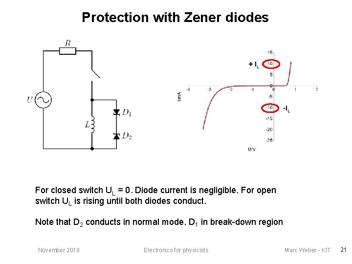 Protection with Zener diodes + IL -IL For closed switch UL = 0. Diode