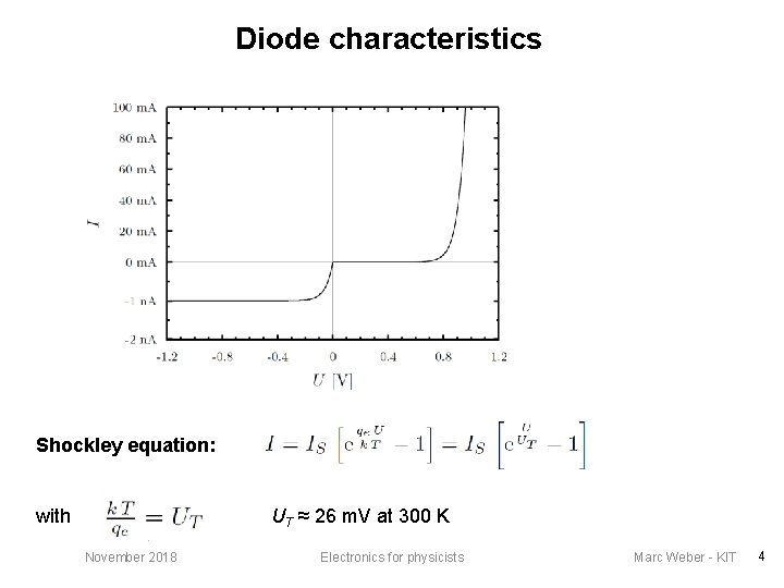 Diode characteristics Reverse bias Forward bias Shockley equation: with UT ≈ 26 m. V