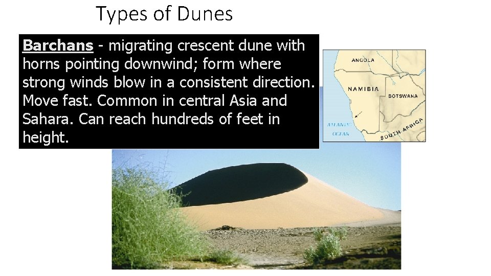 Types of Dunes Barchans - migrating crescent dune with horns pointing downwind; form where