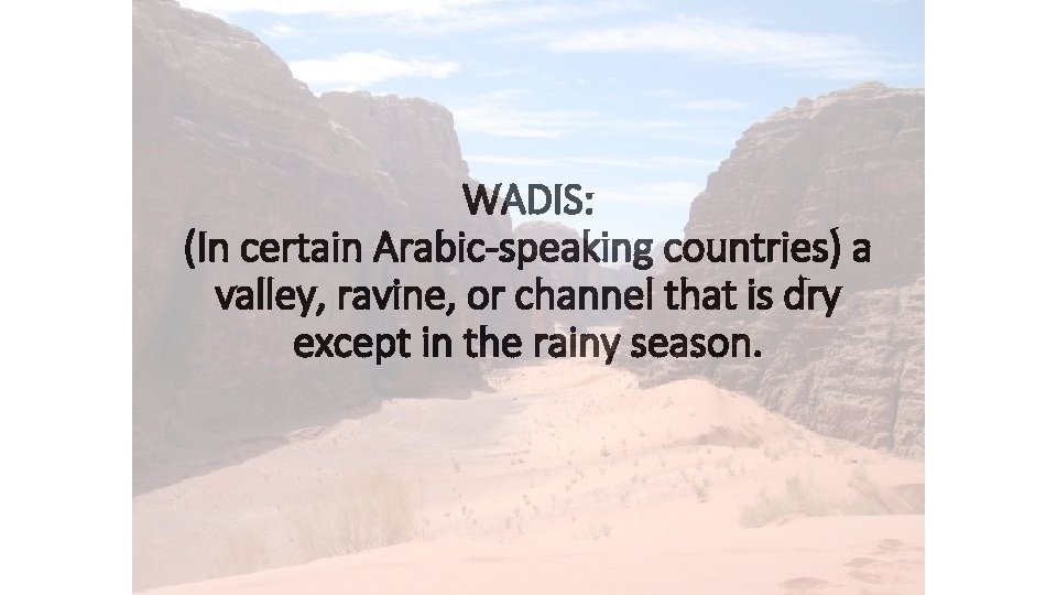 WADIS: (In certain Arabic-speaking countries) a valley, ravine, or channel that is dry except