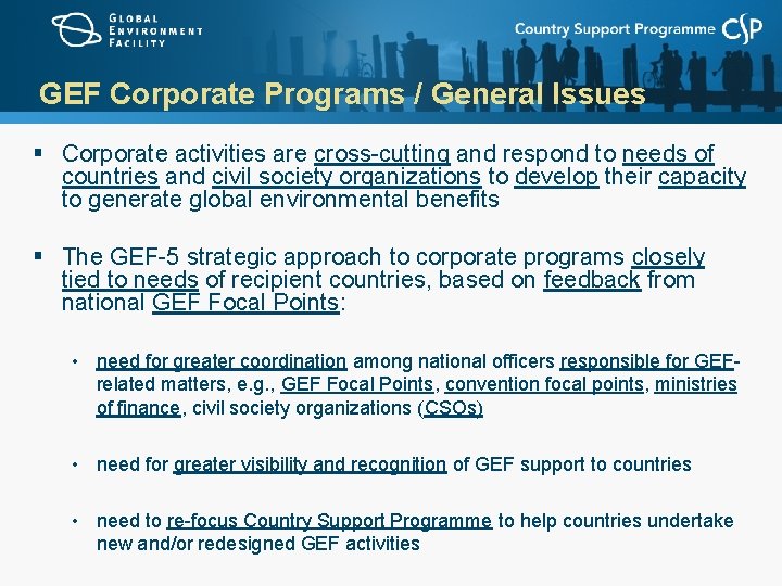 GEF Corporate Programs / General Issues § Corporate activities are cross-cutting and respond to