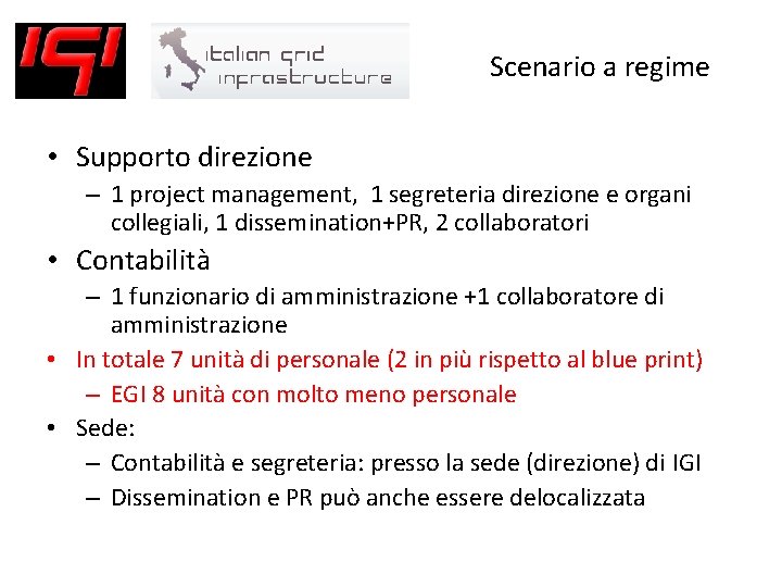 Scenario a regime • Supporto direzione – 1 project management, 1 segreteria direzione e