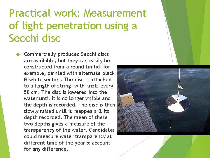 Practical work: Measurement of light penetration using a Secchi disc Commercially produced Secchi discs