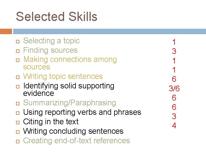 Selected Skills Selecting a topic Finding sources Making connections among sources Writing topic sentences