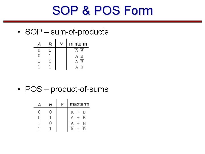 SOP & POS Form • SOP – sum-of-products • POS – product-of-sums  SOP & POS Form • SOP – sum-of-products • POS – product-of-sums