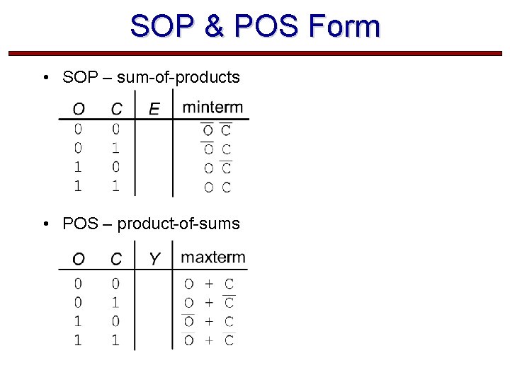 SOP & POS Form • SOP – sum-of-products • POS – product-of-sums  SOP & POS Form • SOP – sum-of-products • POS – product-of-sums
