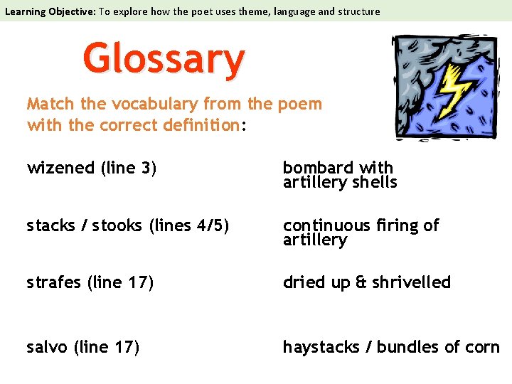 Learning Objective: To explore how the poet uses theme, language and structure Glossary Match