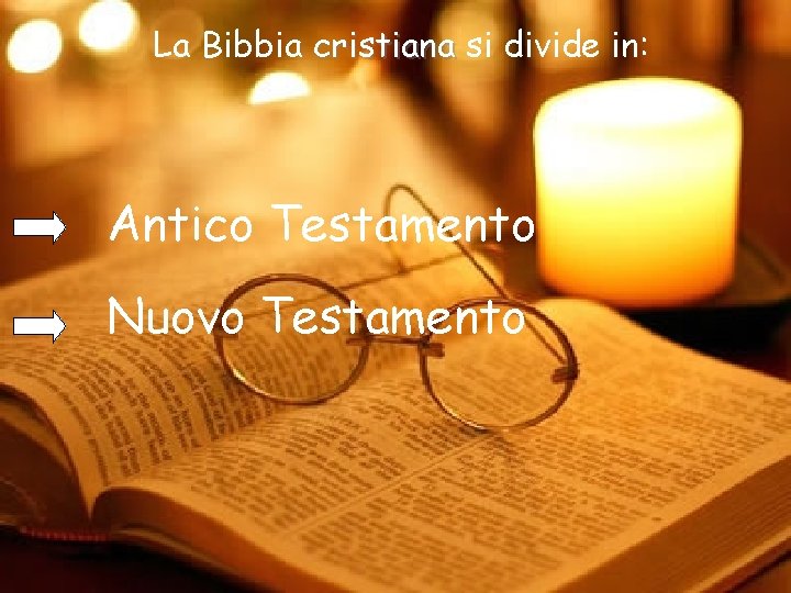 La Bibbia cristiana si divide in: Antico Testamento Nuovo Testamento 