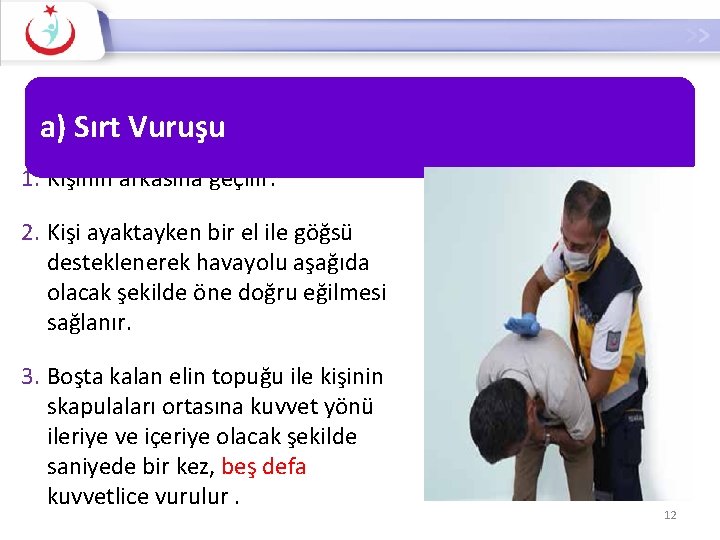 a) Sırt Vuruşu 1. Kişinin arkasına geçilir. 2. Kişi ayaktayken bir el ile göğsü