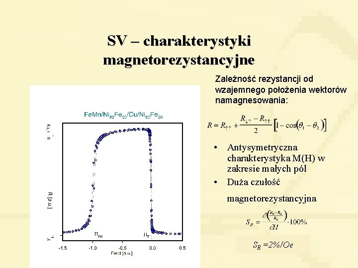 SV – charakterystyki magnetorezystancyjne Zależność rezystancji od wzajemnego położenia wektorów namagnesowania: • Antysymetryczna charakterystyka