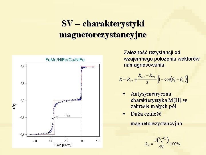 SV – charakterystyki magnetorezystancyjne Zależność rezystancji od wzajemnego położenia wektorów namagnesowania: • Antysymetryczna charakterystyka