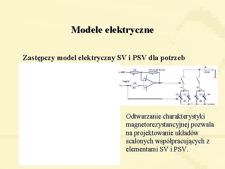 Modele elektryczne Zastępczy model elektryczny SV i PSV dla potrzeb programu P-SPICE Odtwarzanie charakterystyki