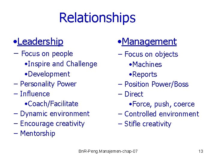 Relationships • Leadership • Management – Focus on people – Focus on objects •