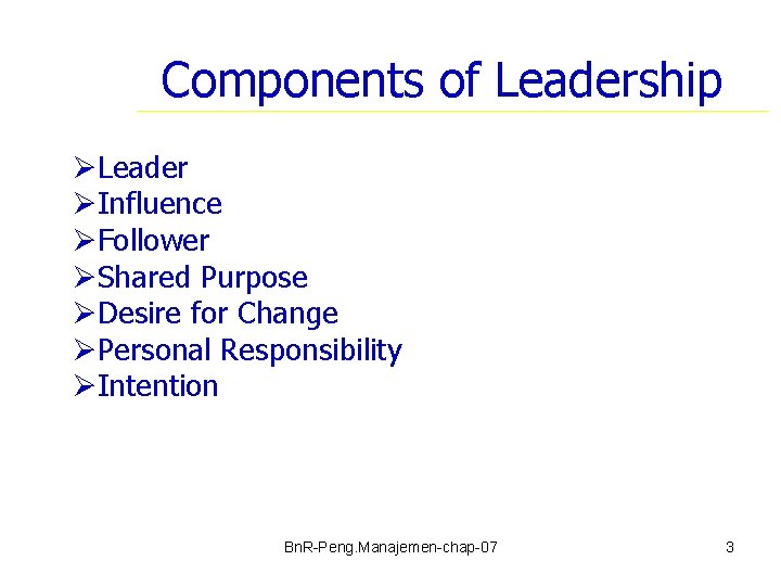 Components of Leadership ØLeader ØInfluence ØFollower ØShared Purpose ØDesire for Change ØPersonal Responsibility ØIntention